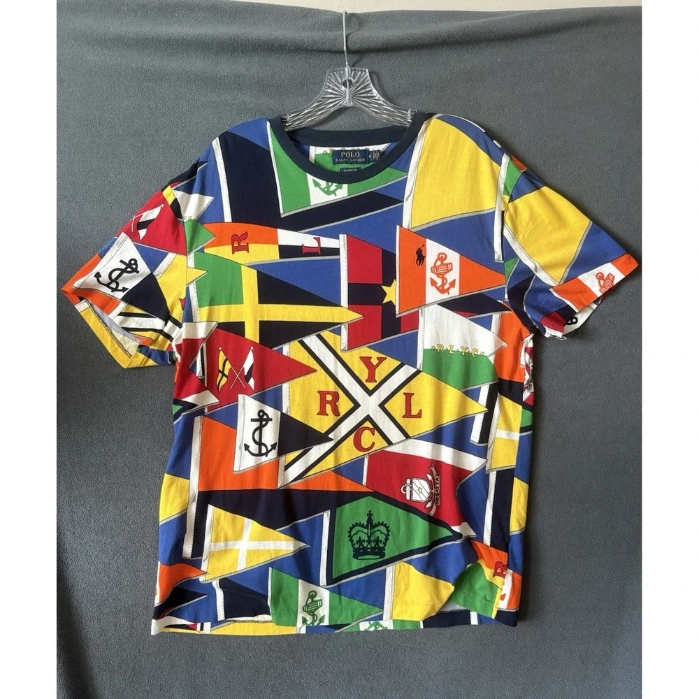 Polo Ralph Lauren Yacht Club RLYC All Over Print Flag Anchor Graphic T-Shirt M